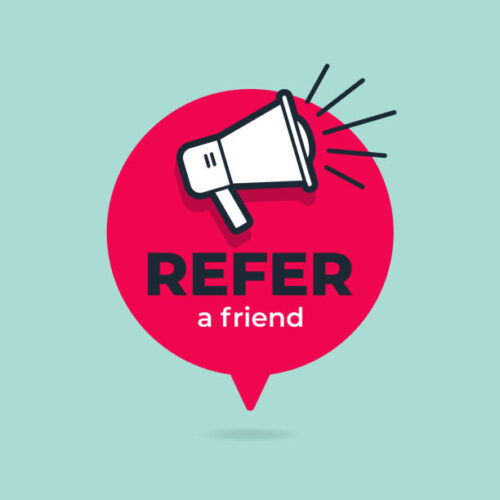 Refer a friend with loudspeaker in speech bubble.